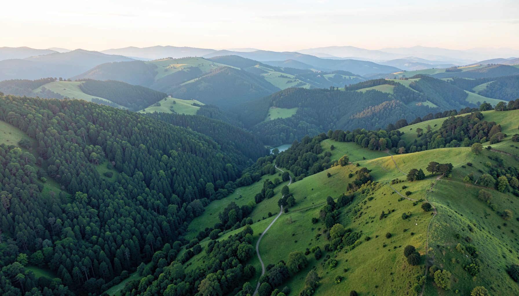 A wide aerial landscape of rolling green hills and forested ridges under soft morning light, with a faint trail winding through the terrain