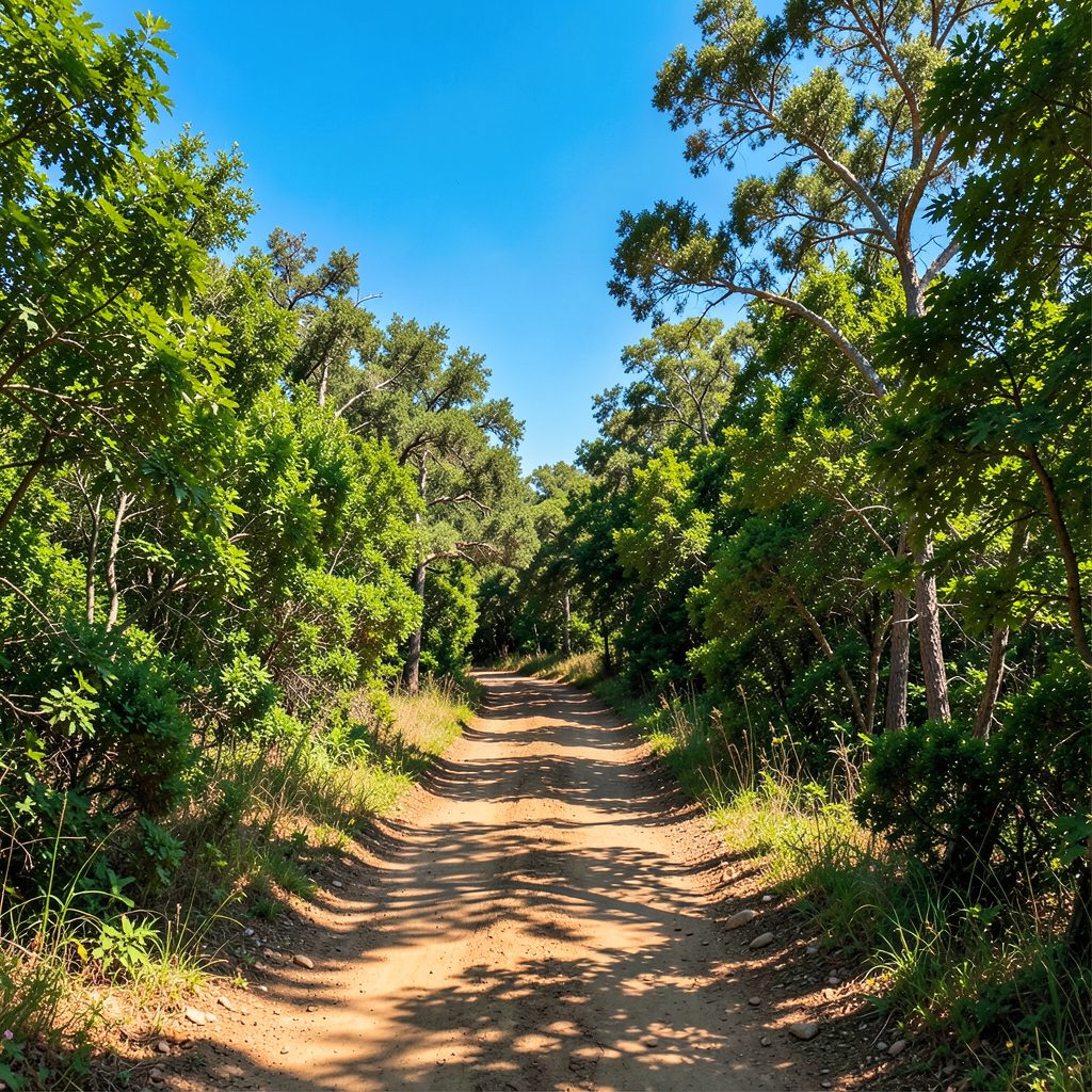 A sunlit trailhead scene with a wide dirt path leading into dense green forest under a bright blue sky, warm earthy tones