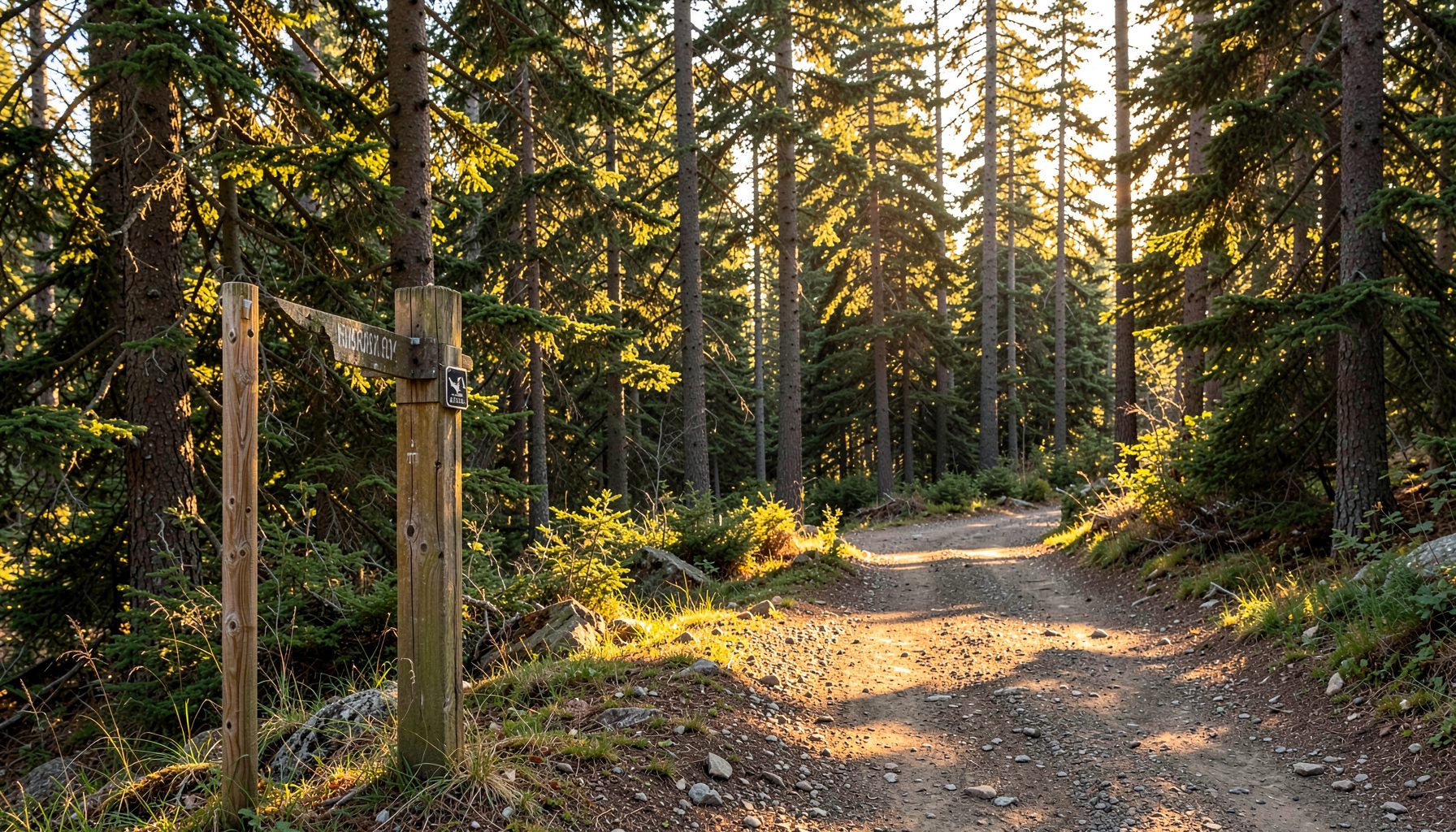 A sunlit trailhead with a wooden signpost and a packed-dirt path leading into a forest of tall evergreens, warm golden light filtering through the trees