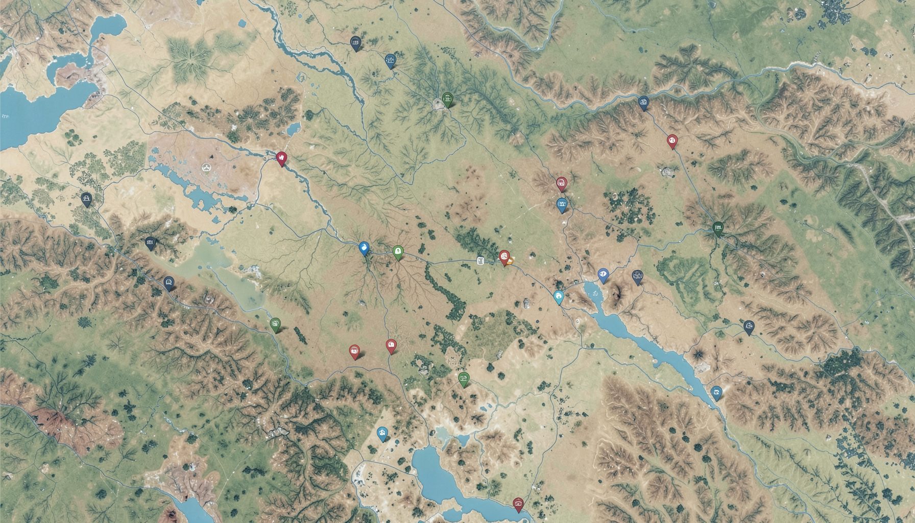 A wide aerial-style map with scattered trailhead markers across varied terrain in muted greens, earthy browns, and soft blue-gray water features